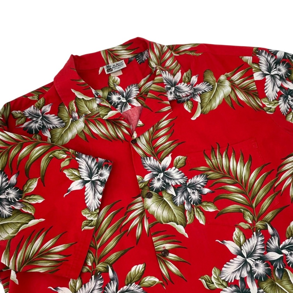 Aloha Republic Mens 3XL Red Hawaiian Shirt Floral Palm Leaf Made in Hawaii